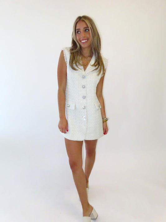 CREAM TWEED BUTTON UP DRESS