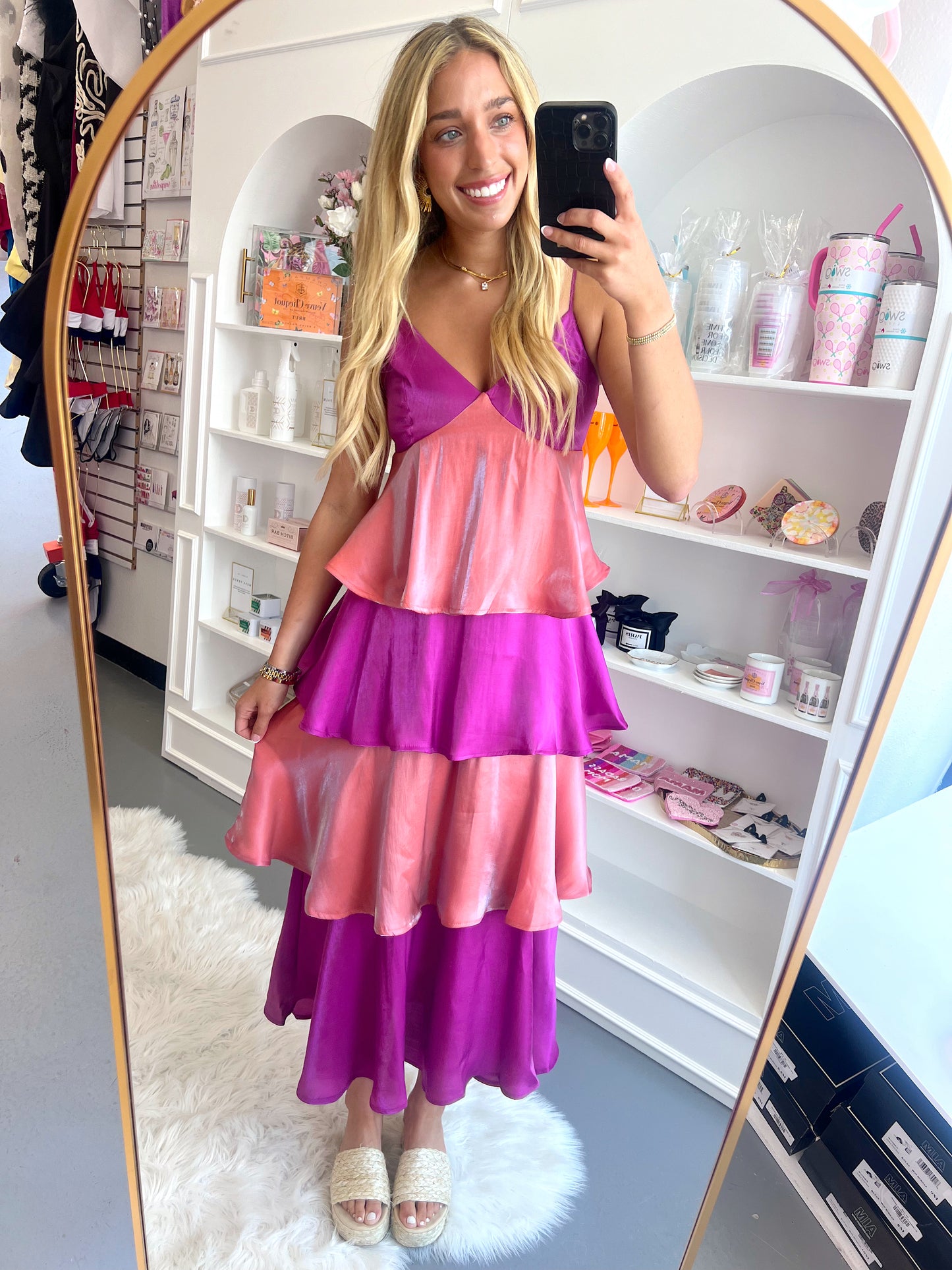 SHINY PINK COLOR BLOCK TIERED MAXI DRESS