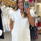 WHITE RUFFLE JACQUARD DRESS
