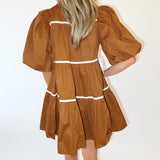 CAMEL BELTED POPLIN TIERED DRESS