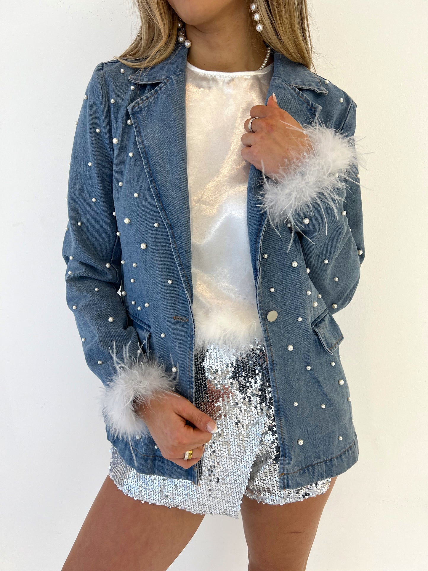 PEARL DENIM FUR BLAZER