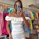WHITE STRAPLESS RUFFLE MINI TIER DRESS