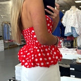 RED POLKA DOT STRAPLESS TOP