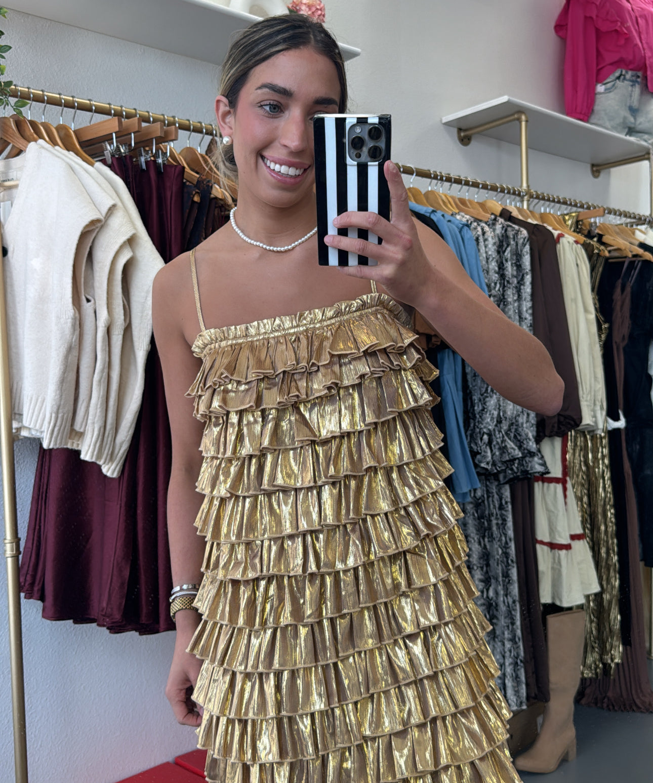 Gold Metallic Layered Pleated Dress