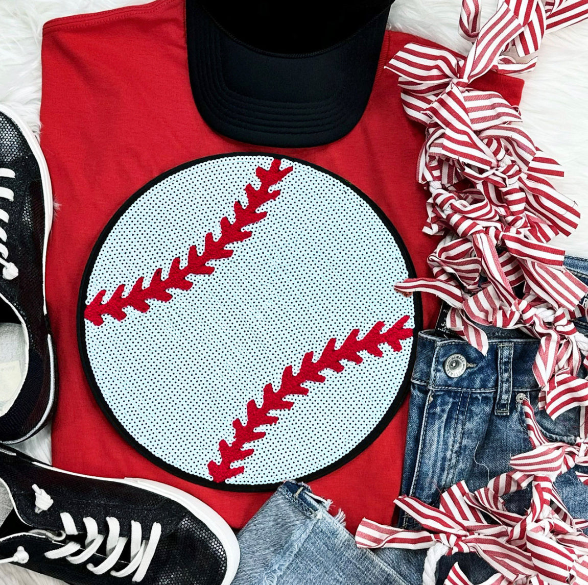 RED SEQUIN BASEBALL TEE