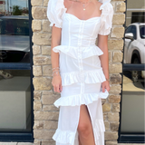 WHITE FRONT BUTTON TIERED MAXI DRESS