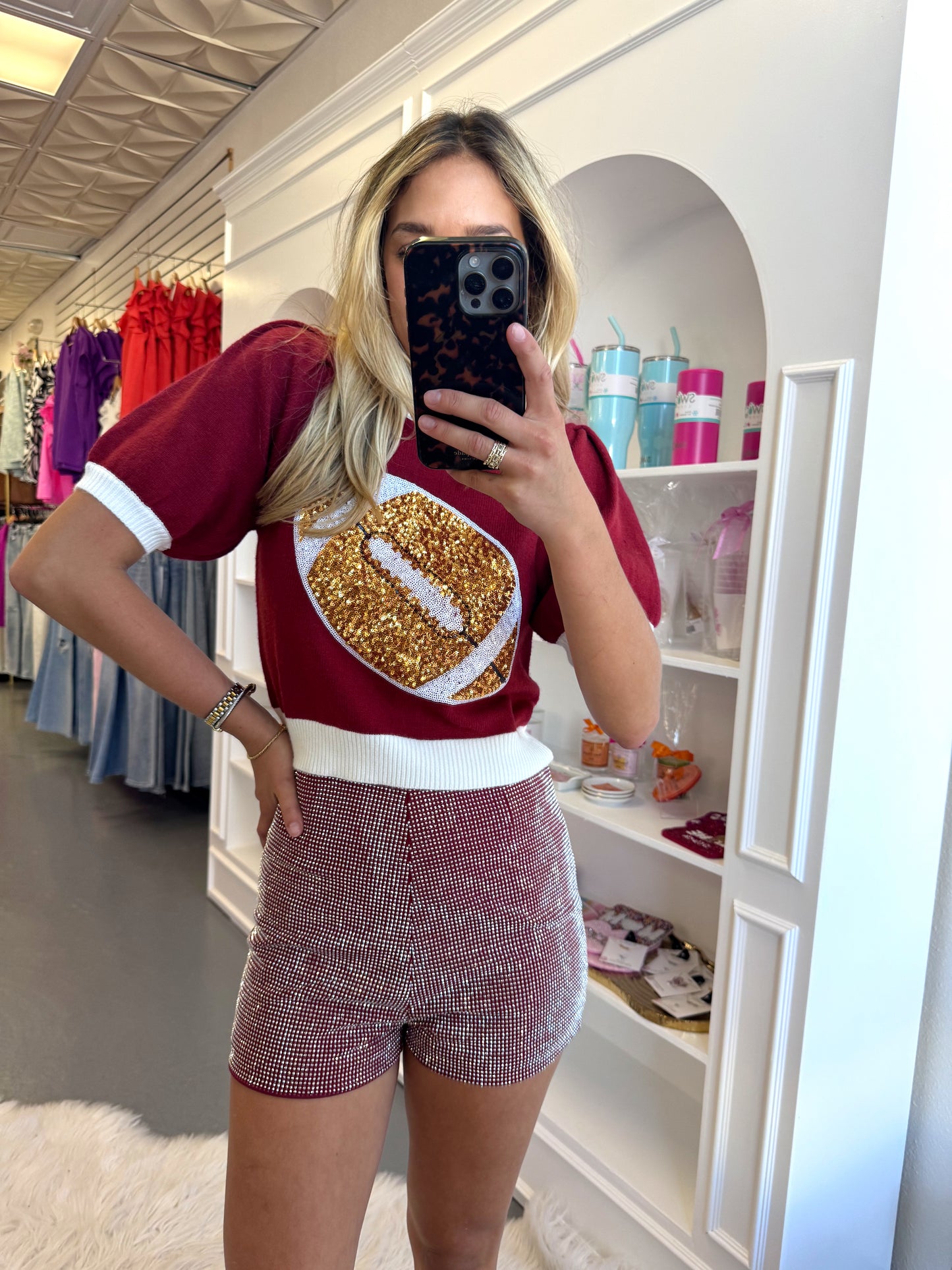 MAROON STUDDED KNIT SHORTS