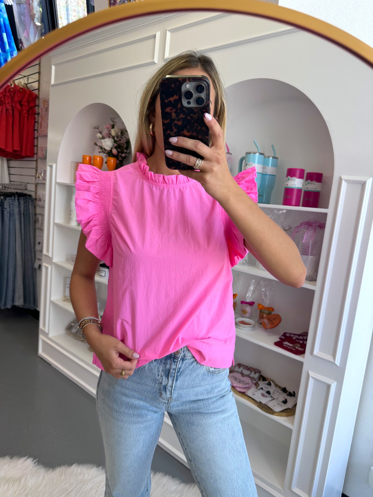 PINK SOLID LAYER RUFFLED CAP SLEEVE TOP