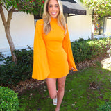 ORANGE MOCK NECK FLARED MINI DRESS