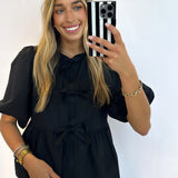 BLACK POPLIN FRONT TIE BLOUSE