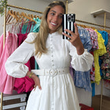 WHITE MOCK NECT BELT BUTTON DRESS