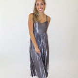 SILVER MIDI PLEATED FLOW DRESS