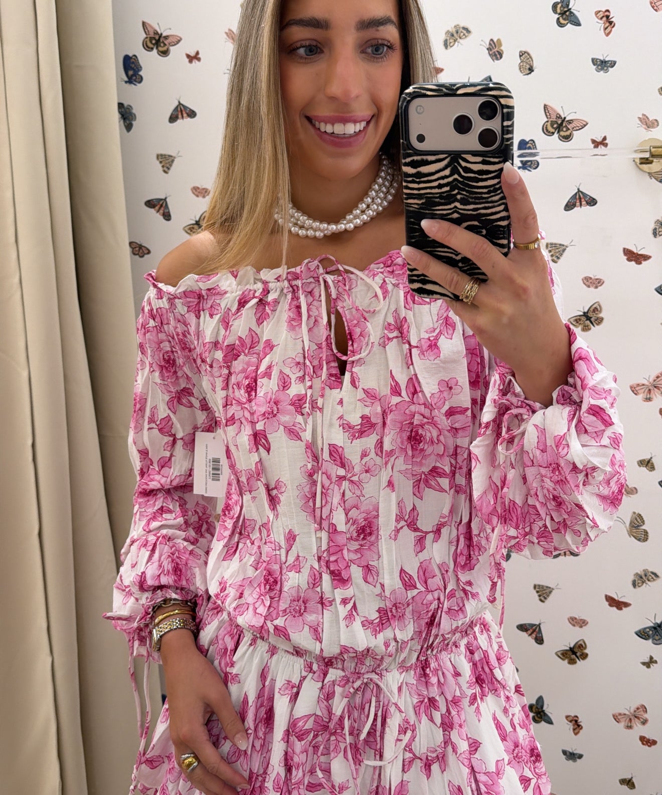 PINK & WHITE FLORAL OFF SHOULDER DRESS