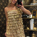 Gold Metallic Layered Pleated Dress