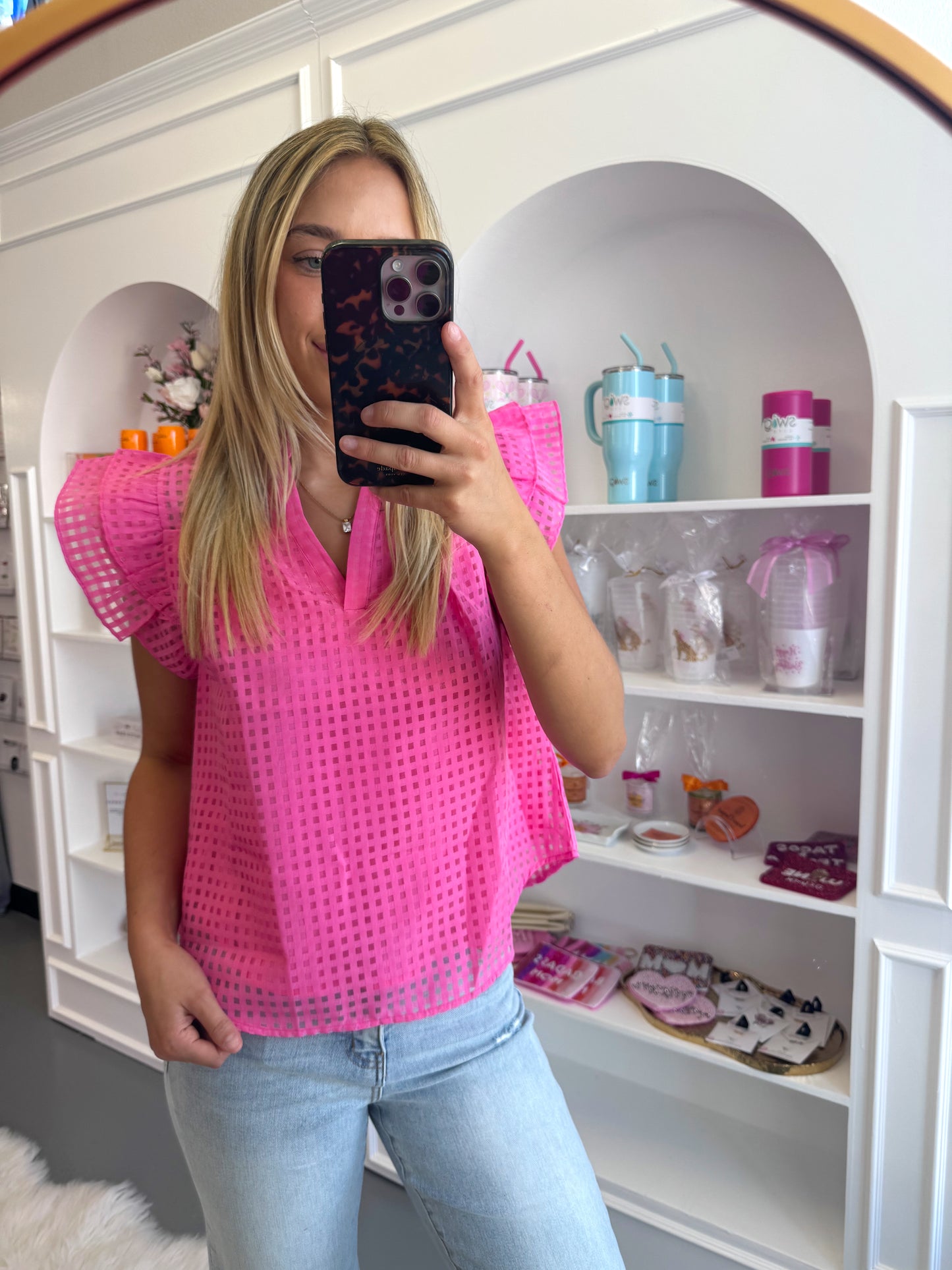 PINK RUFFLE CHECKERED TOP