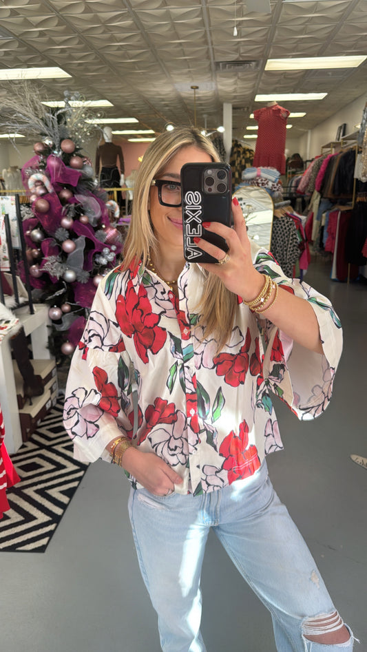 RED/ IVORY SATIN FLOWER BLOUSE