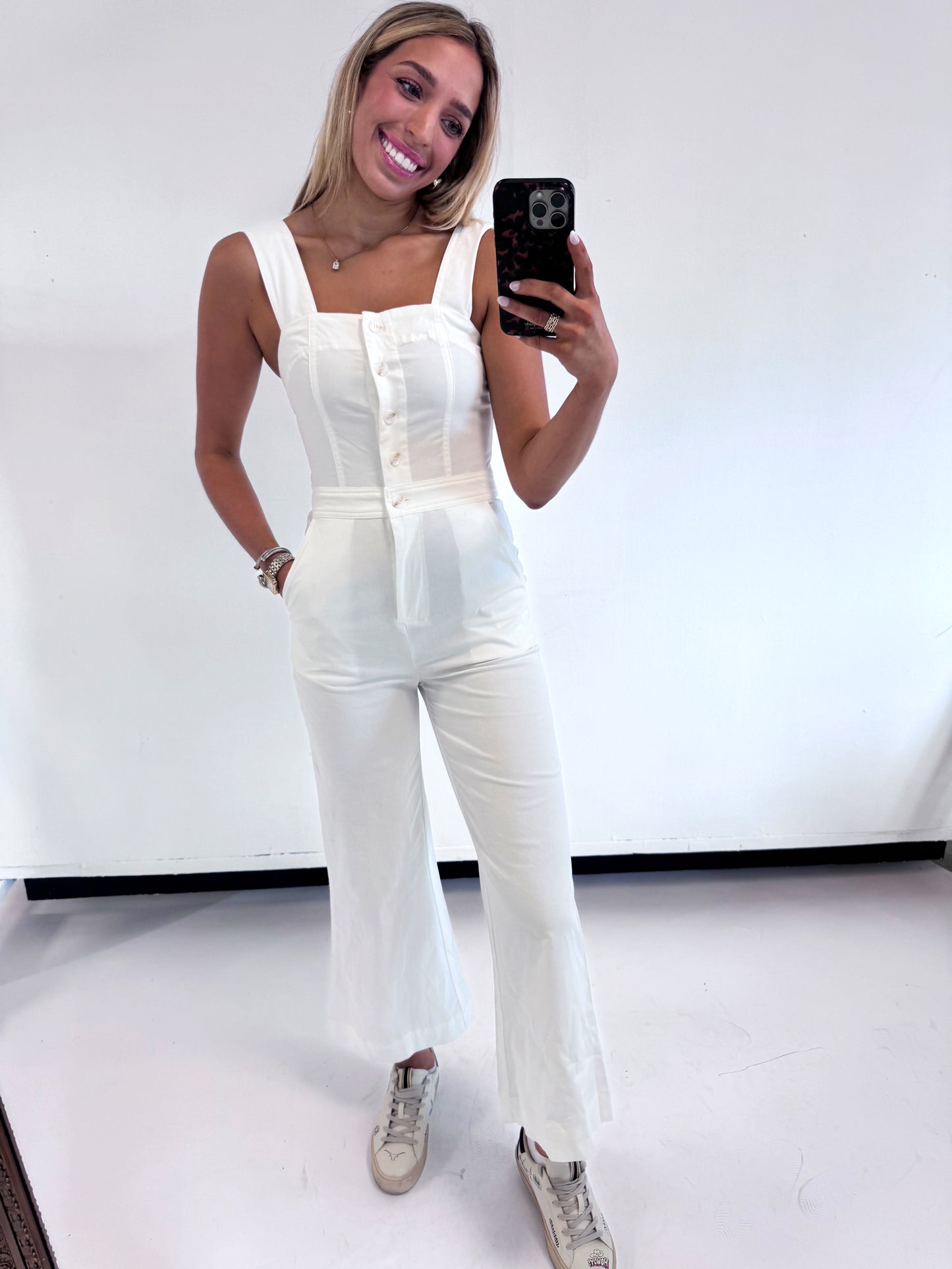 WHITE SQUARE NECK BUTTON JUMPSUIT