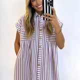PURPLE STRIPED BUTTON DOWN DRESS