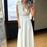 CREAM FLOWER DRAPE NECK SATIN MAXI DRESS