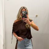 BROWN DRAPED OFF THE SHOULDER LACE TRIM BLOUSE