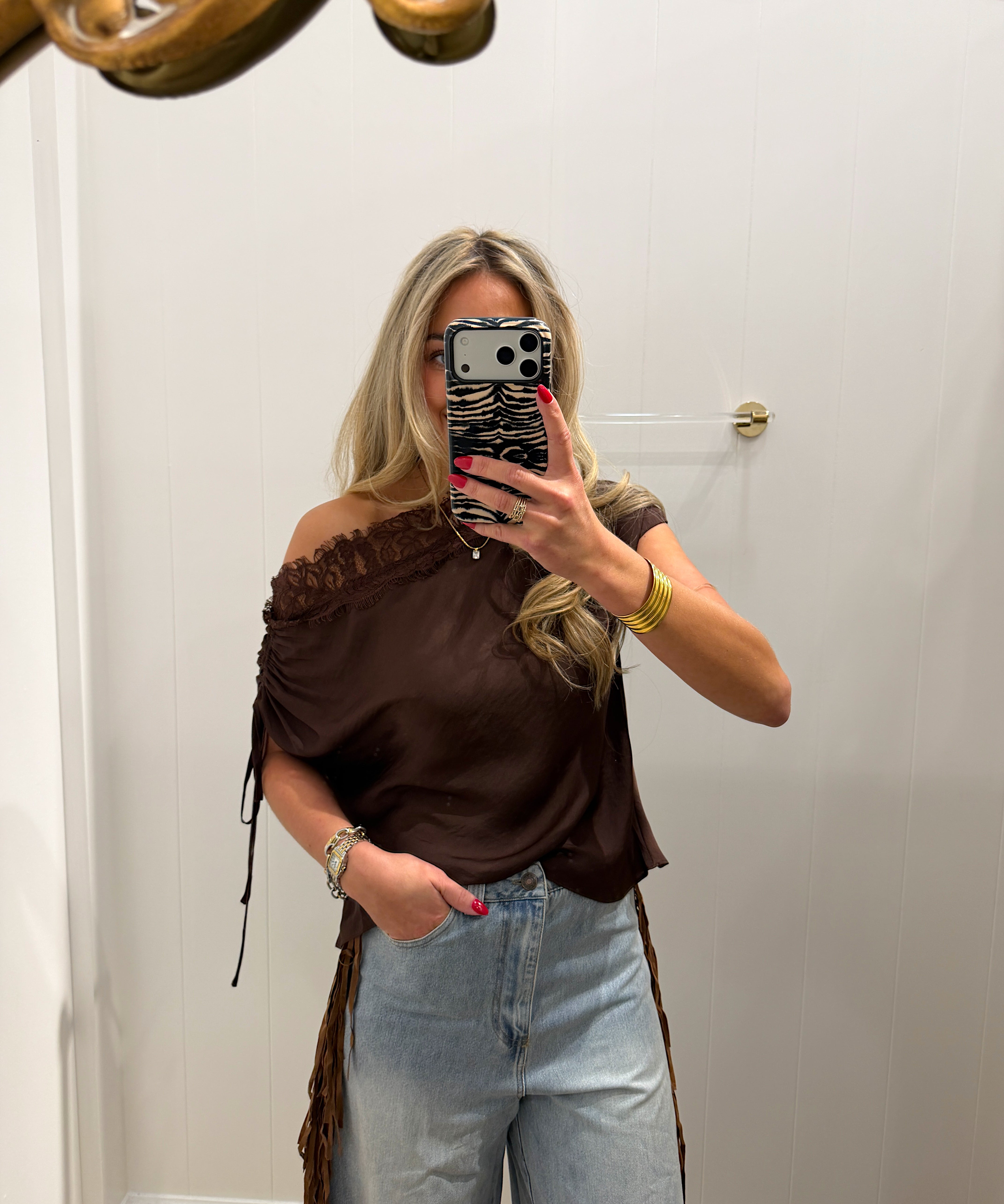 BROWN DRAPED OFF THE SHOULDER LACE TRIM BLOUSE