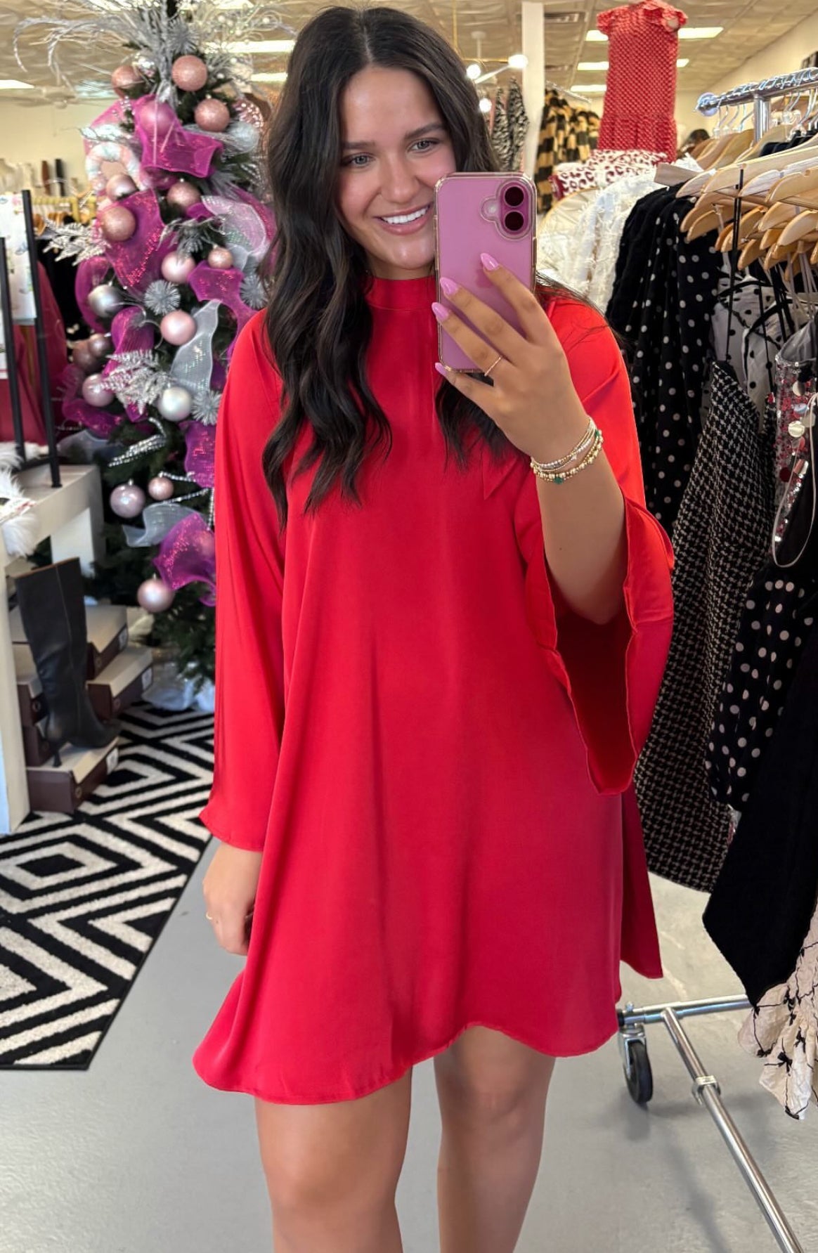 RED SATIN FLOW TIE DRESS