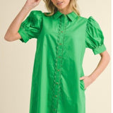 KELLY GREEN BUTTON SCALLOPED DRESS