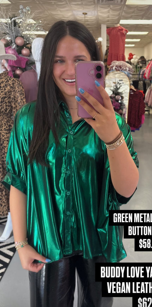 GREEN METALLIC COLLAR BUTTON DOWN