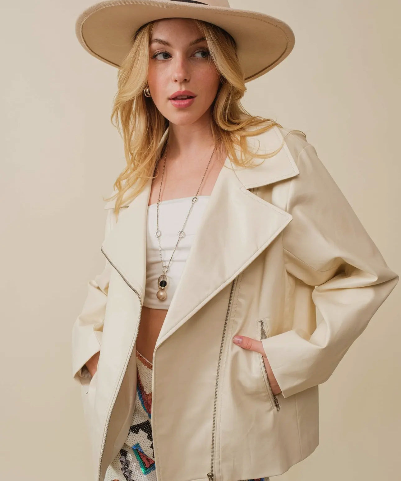 CREAM LEATHER MOTO JACKET