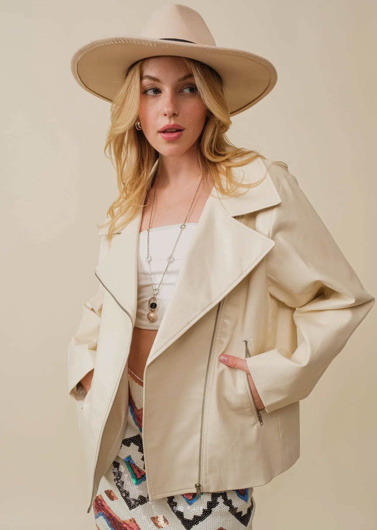 CREAM LEATHER MOTO JACKET