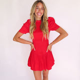 RED SATIN RUFFLE HEM DRESS