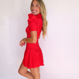 RED SATIN RUFFLE HEM DRESS