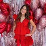 RED RUFFLE TIERED TAFFETA MINI DRESS