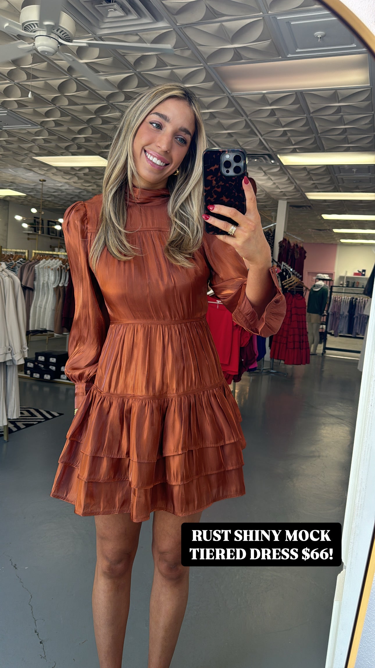 RUST SHINY MOCK TIERED DRESS