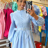 BLUE MOCK NECK BELT BUTTON DRESS