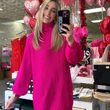 HOT PINK TURTLENECK KNOT SWEATER DRESS