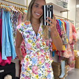 WHITE MULTI FLORAL BELTED DRESS