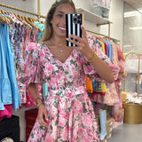 PINK ORGANZA FLORAL MINI DRESS