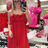 RED RUFFLE PLEATED MINI DRESS