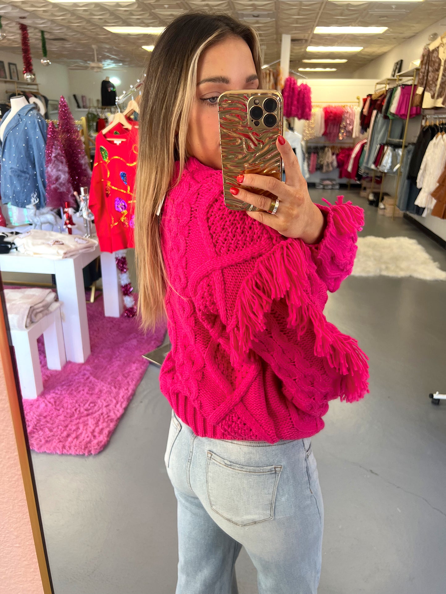 FUCHSIA FRINGE SWEATER