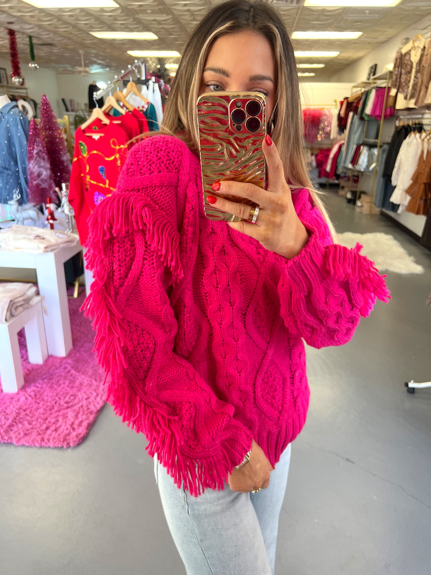 FUCHSIA FRINGE SWEATER