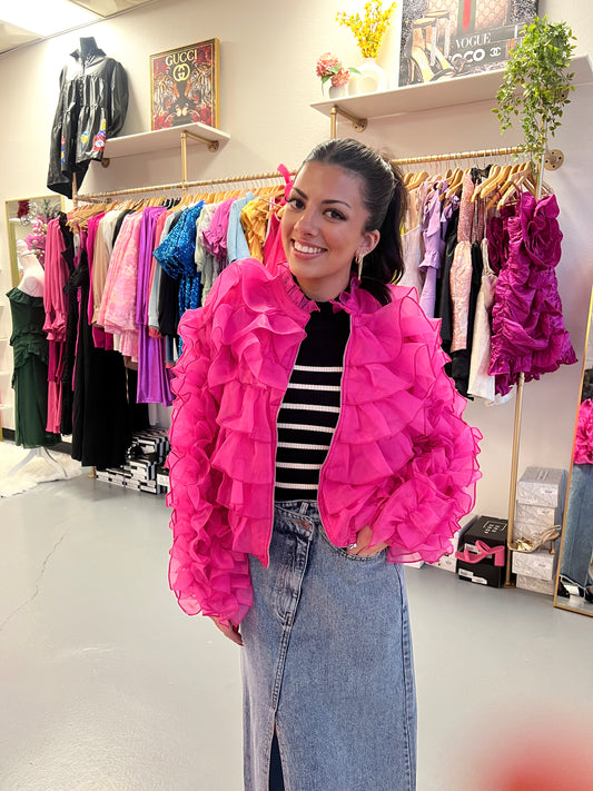 BARBIE PINK RUFFLE ZIP UP JACKET