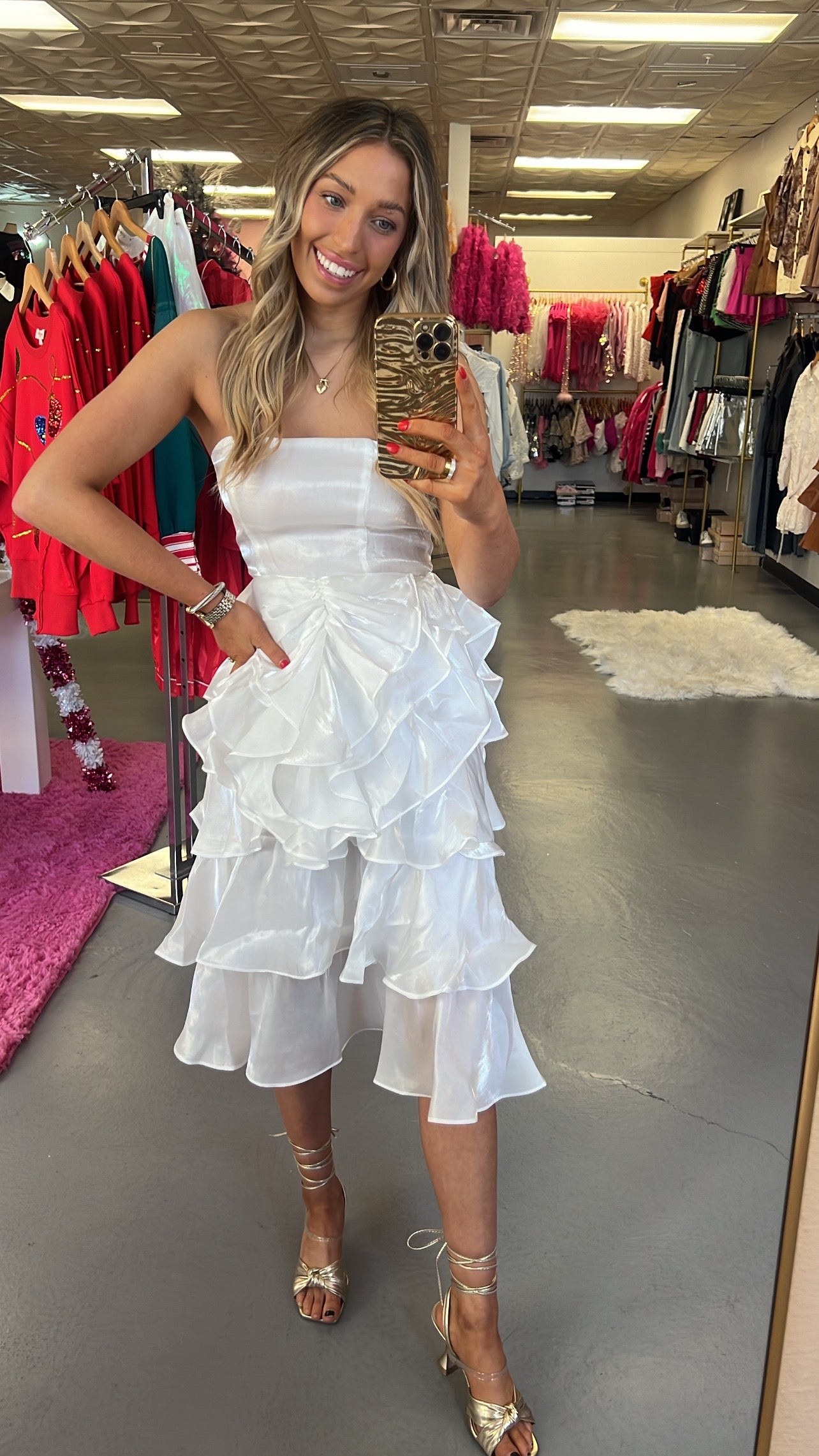 SHINY WHITE BOW MIDI DRESS