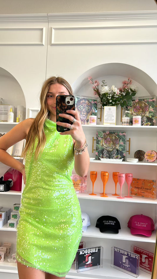 LIME SEQUIN MINI DRESS