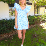 BLUE JACQUARD V NECK RUFFLE MINI DRESS