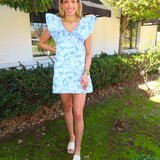 BLUE JACQUARD V NECK RUFFLE MINI DRESS