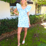 BLUE JACQUARD V NECK RUFFLE MINI DRESS