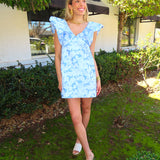 BLUE JACQUARD V NECK RUFFLE MINI DRESS