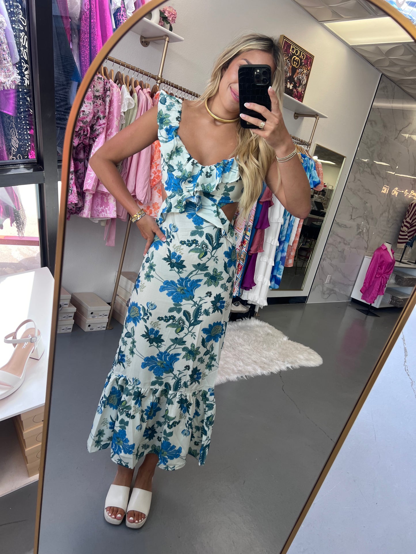 BLUE FLORAL RUFFLE MAXI DRESS