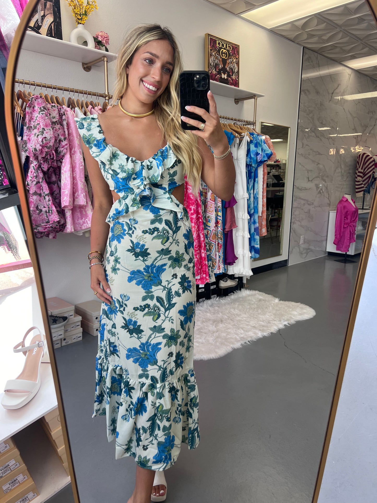 BLUE FLORAL RUFFLE MAXI DRESS